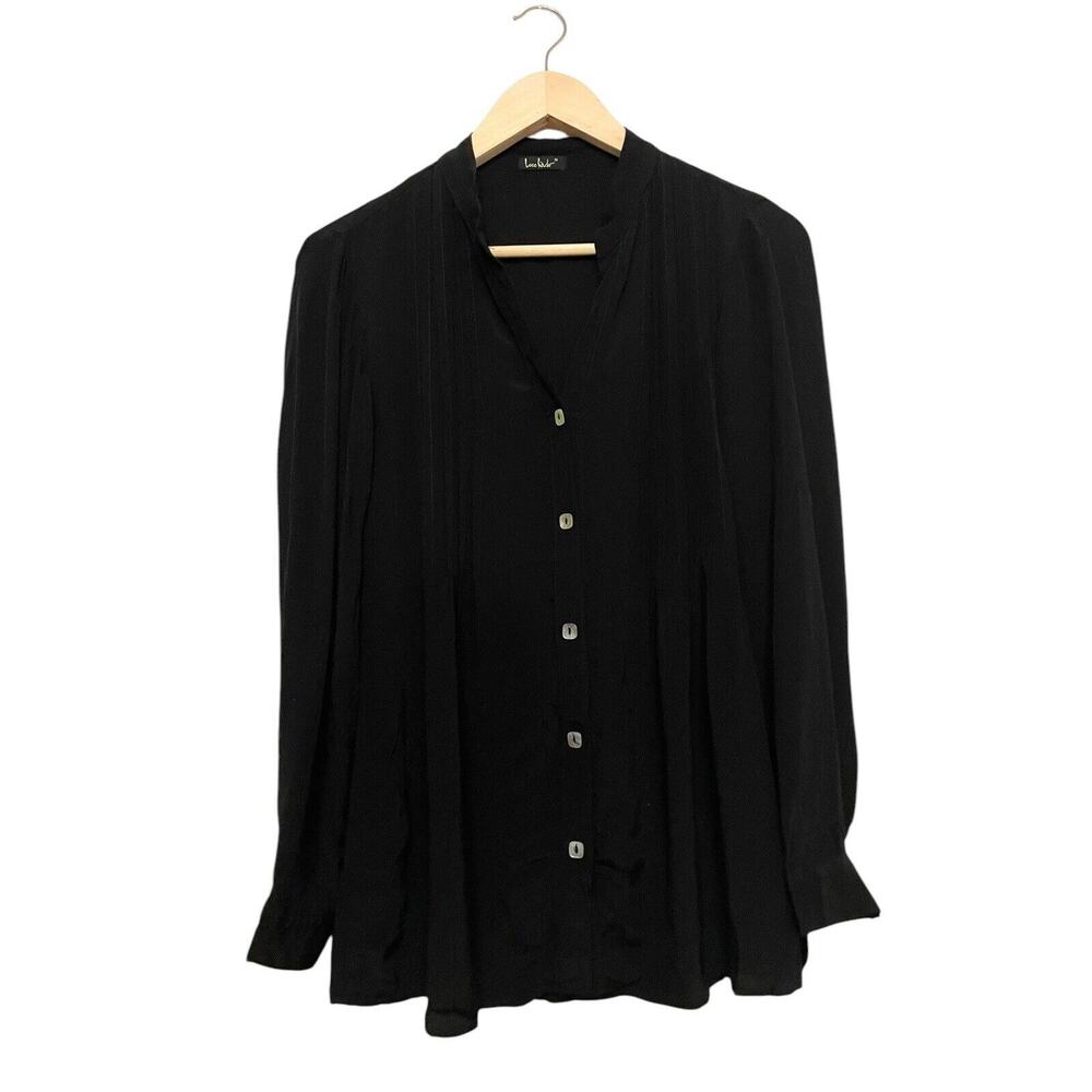 Loco Lindo Pintuck Button Up Shirt Women Size Small Black‎ V-neck Boho Flowy